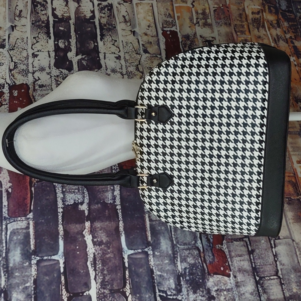 Houndstooth Check Vegan Leather Dome Shaped Satchel Bag